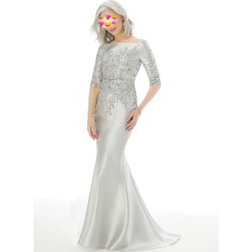 2020 Elegant Mermaid Mother Of The Bride Dresses Embroidery Beading Satin Long Sleeves Sliver Formal Wedding Party Gowns