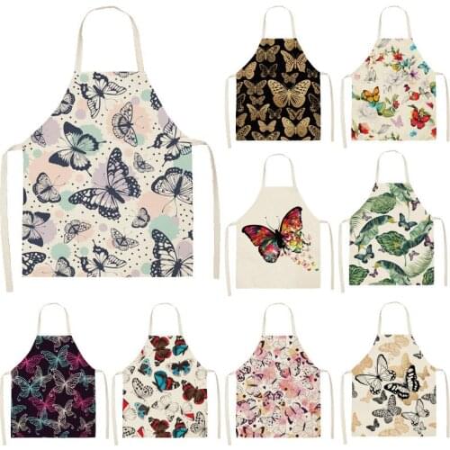 1pcs Butterfly Sleeveless Apron Cotton Linen Flower Printed Kitchen Pinafore Women Home Cooking Baking Waist Bib 53*65cm WQL0147