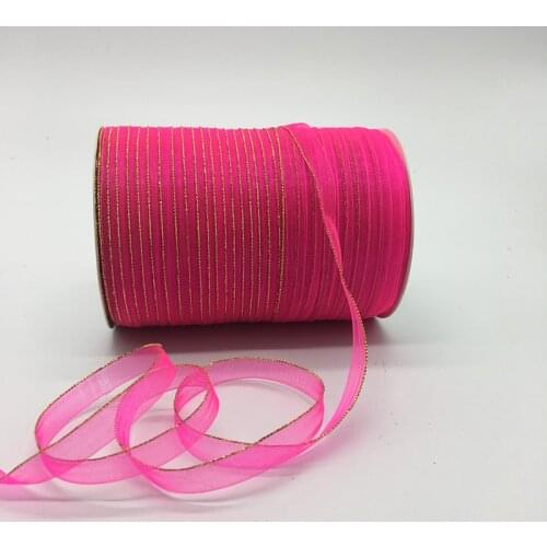 10yds/lot 3/8" 10mm Rose Glitter Golden Rimmed Organza Ribbon Bow Hair Wedding Decoration Lace Crafts