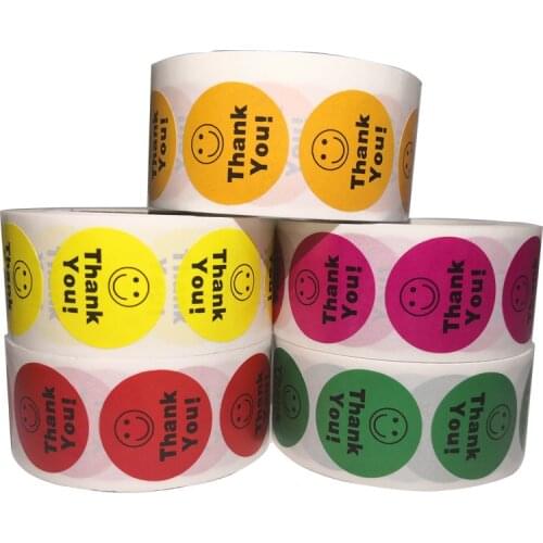 5 Rolls 5 Colors Smiley Thank You Sticker Kraft Paper Label Sticker Business Packaging Seal Labels Diameter 25mm 500Pcs Per Roll