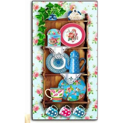 5d diamond painting Bookshelf Still life cup plate DIY Diamond Embroidery resin round square drill Mosaic Kitchen Aisle Wall Art