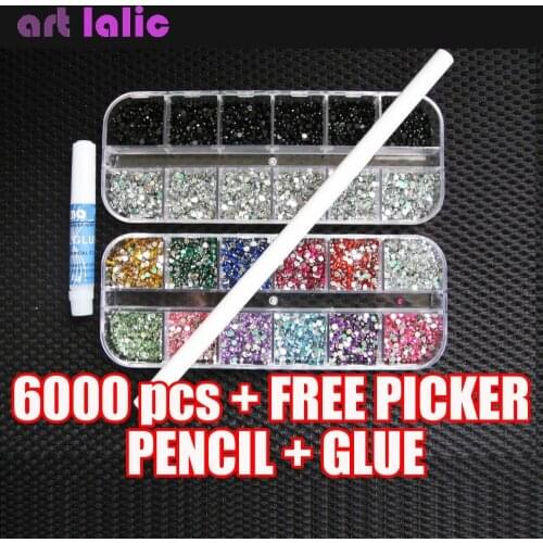 HOT 6000 pcs x 2mm RHINESTONES GEMS FOR NAIL ART DECORATION FREE PICKER PENCIL GLUE