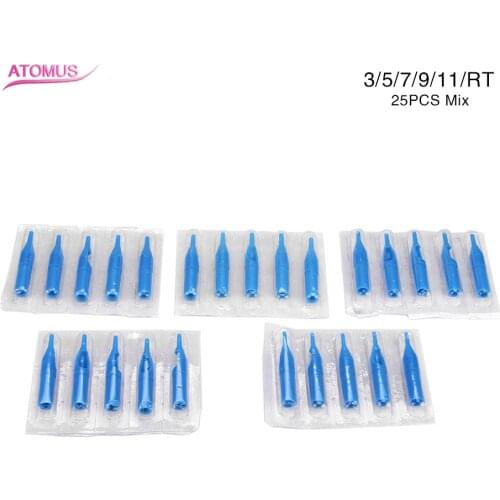 ATOMUS 25pcs/lot Sterile Disposable Tattoo Needle Nozzle Tips Tube U Pick RT Blue Mixed 3/5/7/9/11RT Tattoo Accessories