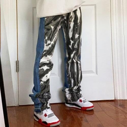 Patchwork Print Jean Pants Casual Fashion Wide Leg High Waist Pants 2021 Summer Loose Hip Hop Pocket Button Women Long Trouser