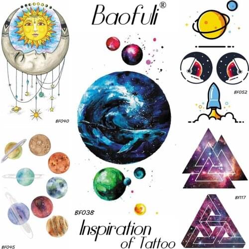 Children Cartoon Body Art Temporary Tattoo Sticker Watercolor Blue Space Planet Flash Tatoos Kids Healthy Gift Waterproof Tattoo