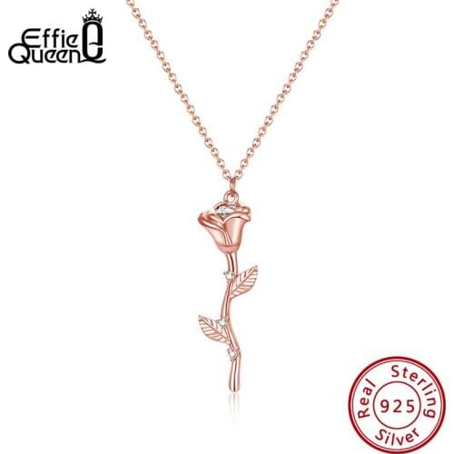 Effie Queen Romantic Lover Jewelry Gift 100% 925 Silver Rose Flower Shape Long Pendant Necklace Jewelry Wedding Gift EQN06