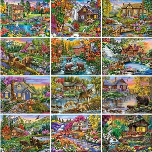 Evershine Diamond Painting House Scenery Full Square Round Diamond Embroidery Animal Bear 5D DIY Mosaic Spring Decor For Home