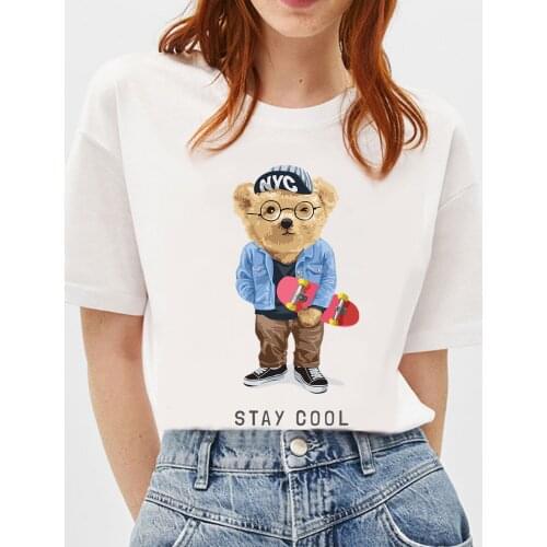 BLINGPAW Graphic T Shirts Skate Teddy Bear Stay Cool Letter Print T-shirt Pure Cotton Unisex Tees Summer Tee Shirts 19 Colors