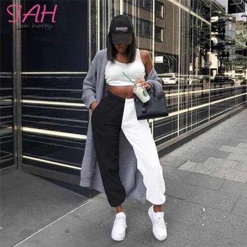 IAMHOTTY Patchwork Black And White Contrast Pantalon Pocket Loose High Waist Joggers Woman Fashion High Street Sporty Sweatpants