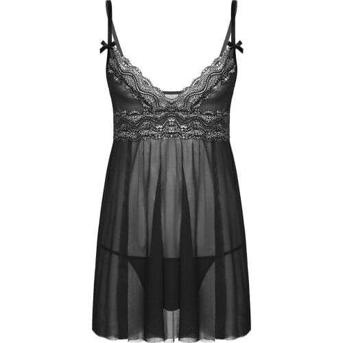 Mens Sissy Babydolls Sheer Lace Mesh Hollow Out Exotic Lingerie Costumes Spaghetti Straps Lace Trim Chemise Babydoll Sleepwear