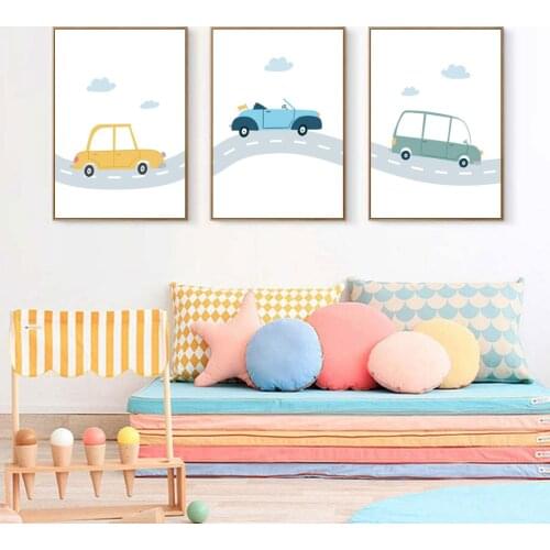 Cartoon Colorful Sport Car Wall Art Canvas Painting Blue Green Yellow Nursery Sedan Poster Prints for Baby Boy Room Home Decor