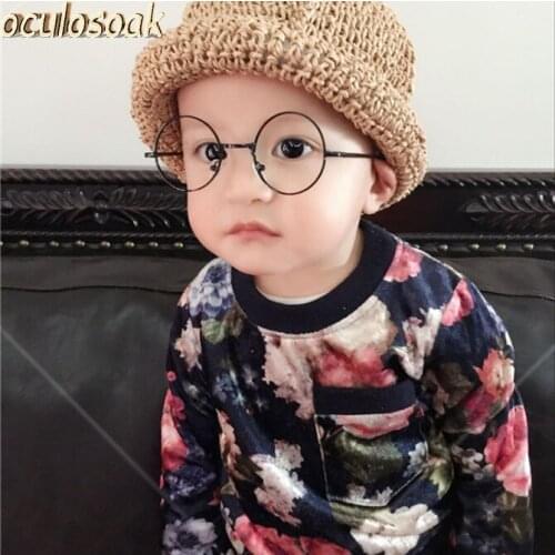 Retro round childrens metal glasses frame, decorative childrens flat mirror, all-match childrens sunglasses