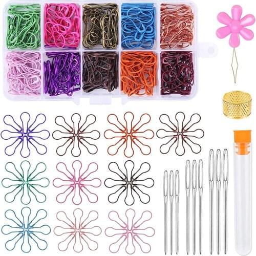 LMDZ 300 Pieces 10 Colors Assorted Bulb Safety Pins Pear Shaped Pins With 9 Pieces Big Eye Sewing Needles For Knitting