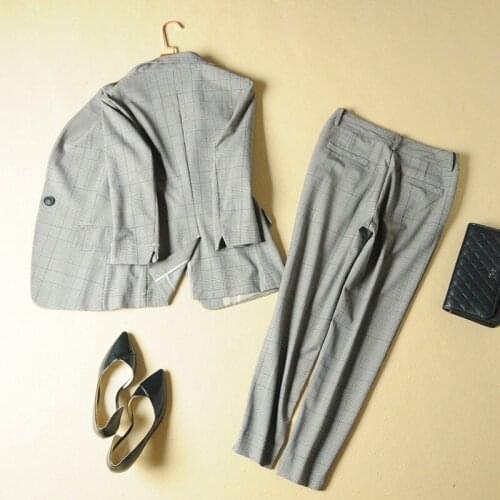 Fashion Office Ladies Plaid Suit Slim Fit Spring New 2pcs Blazer Pants Suits Vintage Business Work Outfits Set Ensemble Femme