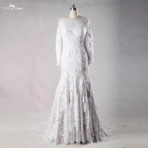 RSW970 Long Sleeve Muslim Lace Wedding Dress Mermaid Crystal Beaded Wedding Dresses Vestido Noiva