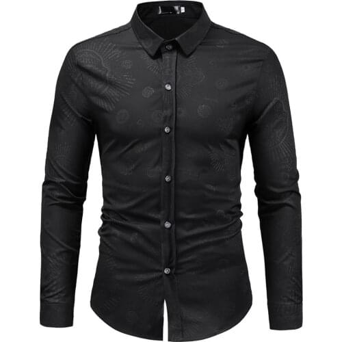 Cool Skull Print Black Shirt Men 2021 Autumn New Slim Fit Mens Casual Button Down Dress Shirts Business Wedding Chemise Homme