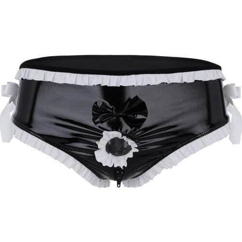 Sissy Men Lingerie Briefs Shorts Clubwear Shiny Faux Leather Open Front Penis Hole Ruffled Trim Zipper Crotchless Gay Underwear