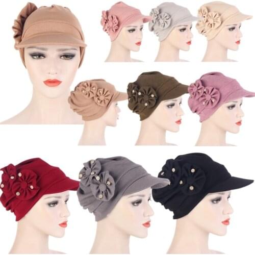 Casual Woman Flowers Bandana Hat Sun Hats Hair Loss Cap Chemo Hat Solid Color Beach Wide Brim Sunhat Holiday Arab Female Bonnet