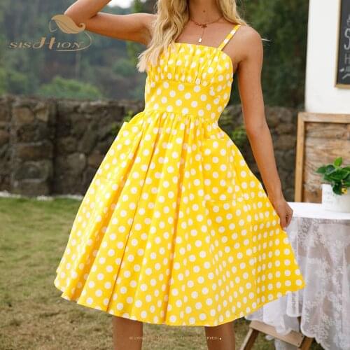 SISHION Cotton Spaghetti Strap Women Summer Dress VD2000 Pretty Retro Vintage 50s 60s Yellow Polka Dot Dresses with Pockets