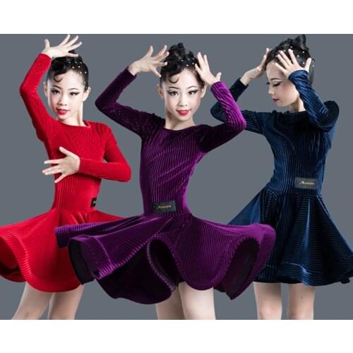 Velvet long sleeves latin dance dress for children girls competition ballroom kids tango salsa dancewear practice wear cha cha