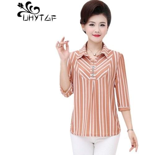 UHYTGF Elegant mother summer tops t-shirts fashion stripes chiffon loose plus size womenswear pullover thin womens T-shirts 971