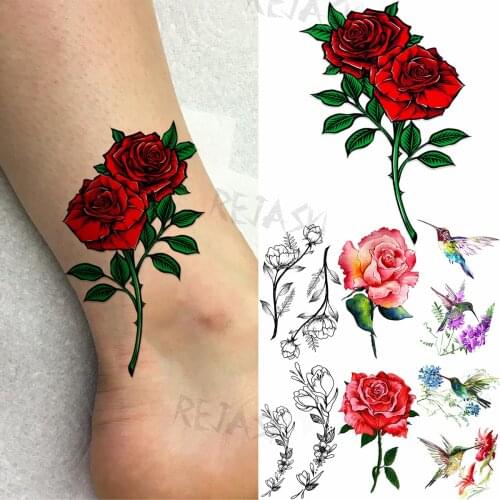 Colored Rose Leaves Temporary Tattoos For Women Adult Bouquet Hummingbird Fake Tattoo Waterproof Body Art Painting Tatoos Decal