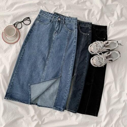 Denim sexy denim skirt women 2020 fashion split long skirt retro pocket blue ladies high waist midi skirt