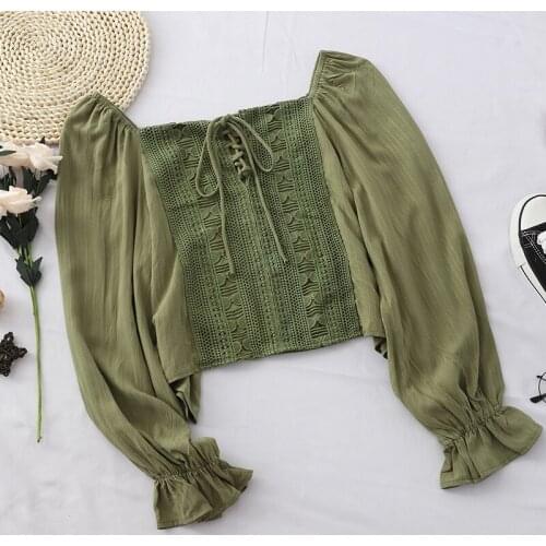 Women Slash Neck Flare Sleeve Pleated Hollow Lace Flower Ruffle Basic Shirt Elegant Lady Short Bandage Slim Pullover Blouse Tops