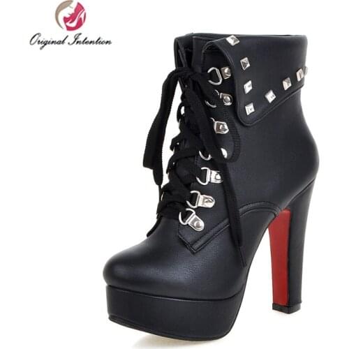 Original Intention Stylish Women Ankle Boots Platform Rivets Round Toe Square Heels Combat Boots Shoes Woman Big Size 3-18