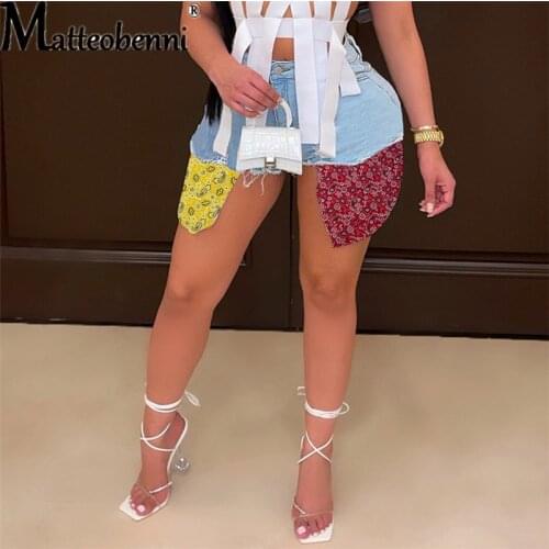 2021 Summer Women High Waist Ripped Hollow Out Patchwork Denim Shorts Ladies Fashion Casual Streetwear Large Size Denim Shorts