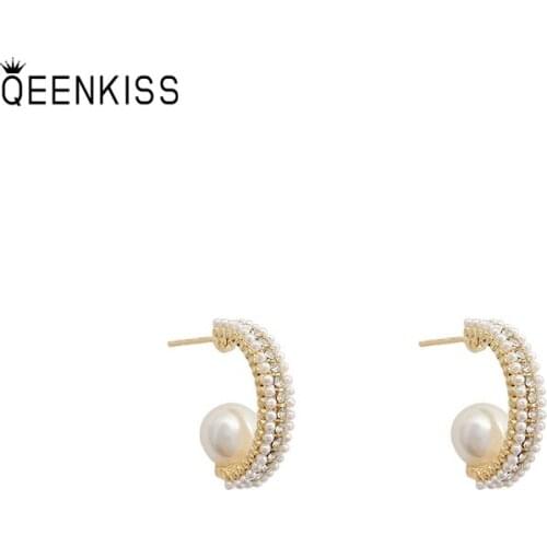QEENKISS EG746 Fine Jewelry Wholesale Woman Girl Birthday Gift Semicircular AAA Zircon 925 Sterling Silver Needle Stud Earrings