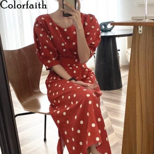 Colorfaith New 2021 Women Summer Dresses High Waist Polka Dot Vintage Lace Up Split Korean Elegant Sweet Lady Long Dresses DR235
