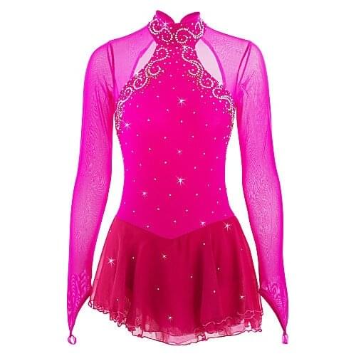 Red Figure Skating Dress Long-Sleeved Ice Skating Skirt Spandex Womens girls Ice Skating Dress