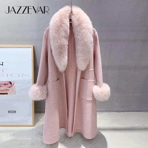 JAZZEVAR winter Coat Elegant Women Luxurious Natural Fox Fur Jacket X-Long Cashmere double faced Wool Outerwear Ladies coats