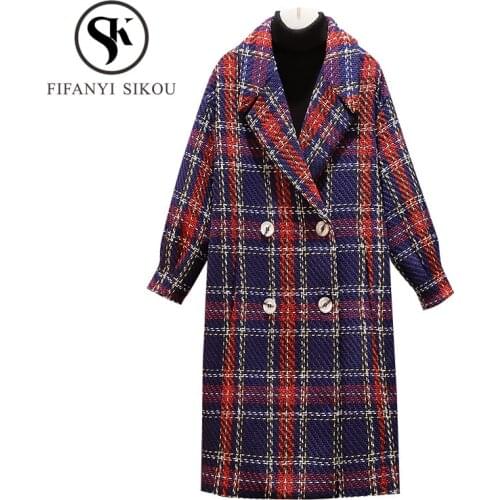 Winter Women High quality Wool blend Coat Double Breasted Plaid Long Coats Thick Warm Overcoat Female Loose Plus size Wool Coat