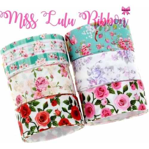 16mm-75mm Flower Series Pink Rose Flora Patterns Printed Grosgrain Ribbon/Foe Hair Band Making DIY Party 50yards/roll