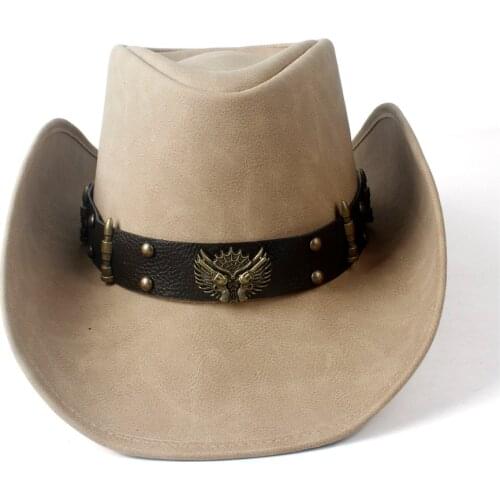 2019 Womens Mens Autumn Leather Wide Brim Western Cowboy Cowgirl Fedora Hat Two Guns Leather Band