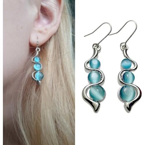 Bohemia Beadeds Earrings Resin Stone Blue Moonstone Dangle Long Jewelry Charm Silver Color Twist Hook Earring for Women Girls