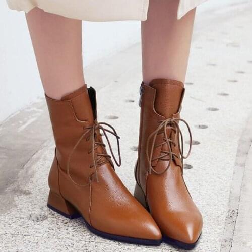 Black brown Zapatos Mujer Fashion Women Boots Casual Leather Low High Heels Spring Shoes Woman Pointed Toe Rubber Ankle Boots 01