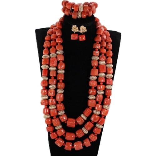 Fantastic 3 Layers African Nigerian Wedding Coral Beads Jewelry Sets Luxury Indian Bridal Statement Coral Necklace Set CNR912