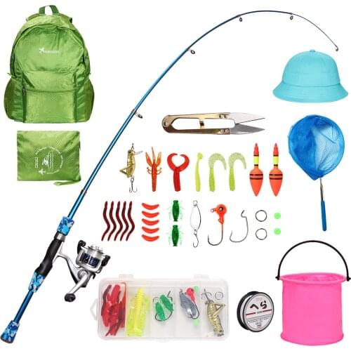 Spinning Reel & Rod Combos With Telescopic Fishing Rod Reel Lures Hat Folding Bucket Retractable Net Line Set for Kids/Beginners
