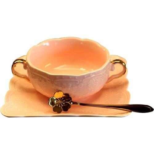 European Style Pink Ceramic Dish Plate Bowl Set for Soup and Dessert fruit Double ear tableware with Gold Handl