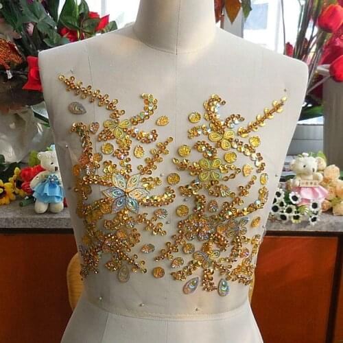Bi.Dw.M Yellow Beaded Rhinestone Applique Patches Crystal Appliques for Wedding Trims 27x31cm Sewing Costumes Dresses Decoration