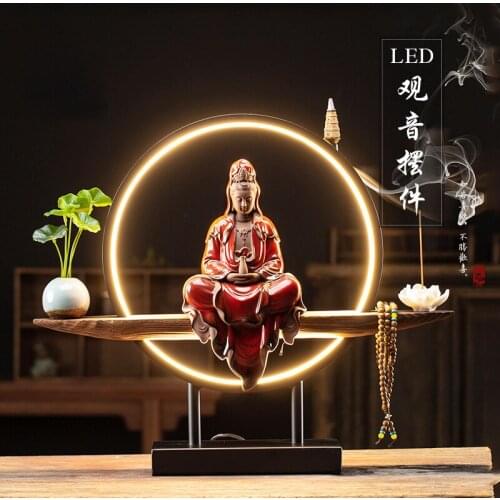 New Chinese ceramic Zen-like Guanyin Buddha statue ornaments household lamp ring living room enshrines backflow incense burner p