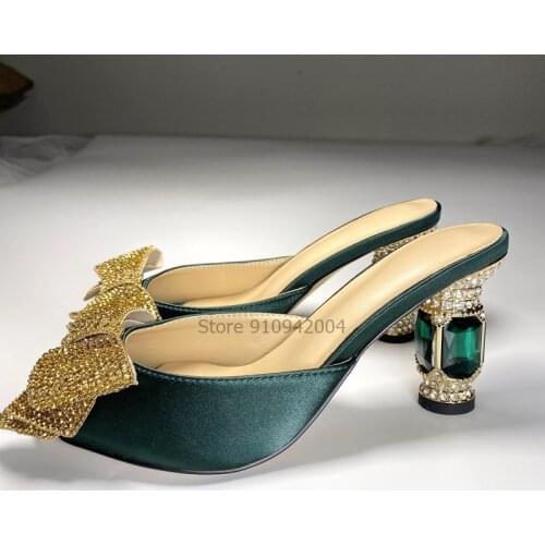 Luxury Satin Big Bowtie Heel Summer Sandal Woman Deep Toe Crystal Jeweled High Heels Rhinestone Party Sandals Women 6 8 10CM