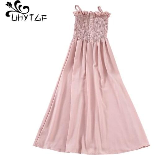 UHYTGF Sexy off shoulder dress fashion sleeveless suspenders summer dress high waist pullover vintage casual womens dresses 1146