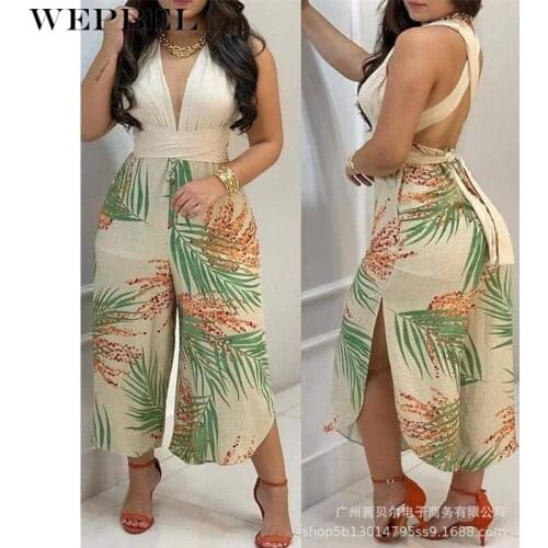 WEPBEL Ladies Summer Sexy Jumpsuit V Neck Halter Bandage Floral Print Romper Women High Waist Split Wide Leg Pants Overalls