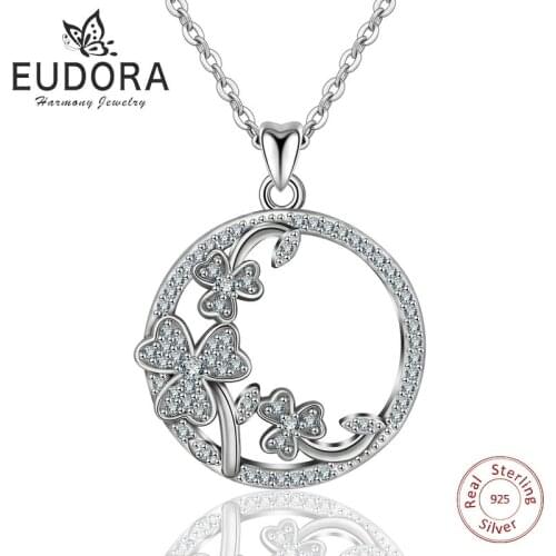 Eudora 925 Sliver good Luck Shamrock Pendant Neckalce Ireland Flower Crystal CZ Charm Sterling Sliver Jewelry for Women CYD226