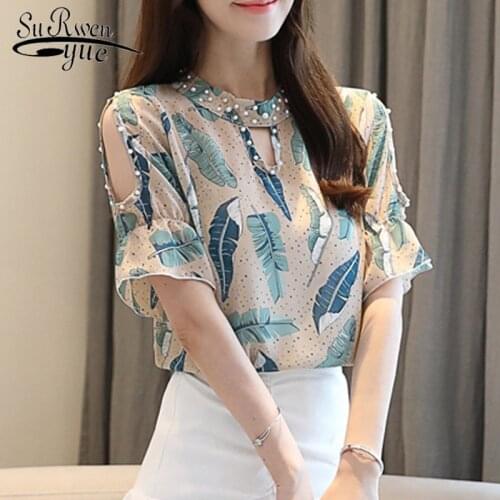 2021 Floral Chiffon Blouse Fashion Woman Blouses Summer New Elegant Short Sleeve Shirt Slim Fit Print Top Blusa Feminina 8955 50