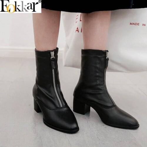 Eokkar 2020 Med Heel Front Zipper Slim-Legged Women Mid Calf Boots Square Toe Thick Heel Dress Boots Lady Boots Plus Size 34-45